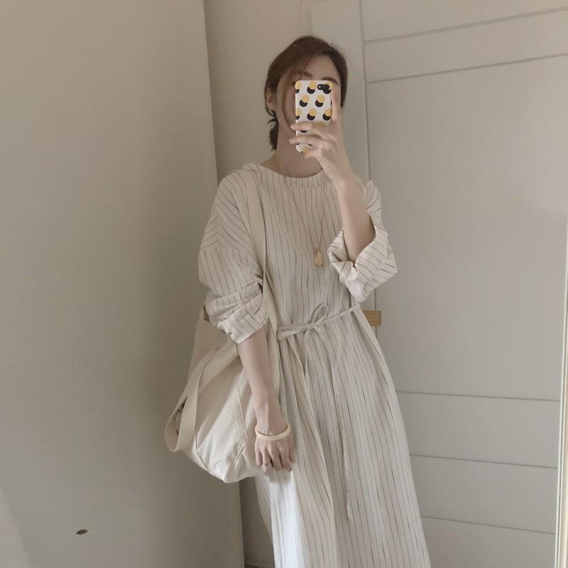 韓國ins春季新款清爽極簡豎條紋連衣裙氣質中長款連衣裙女