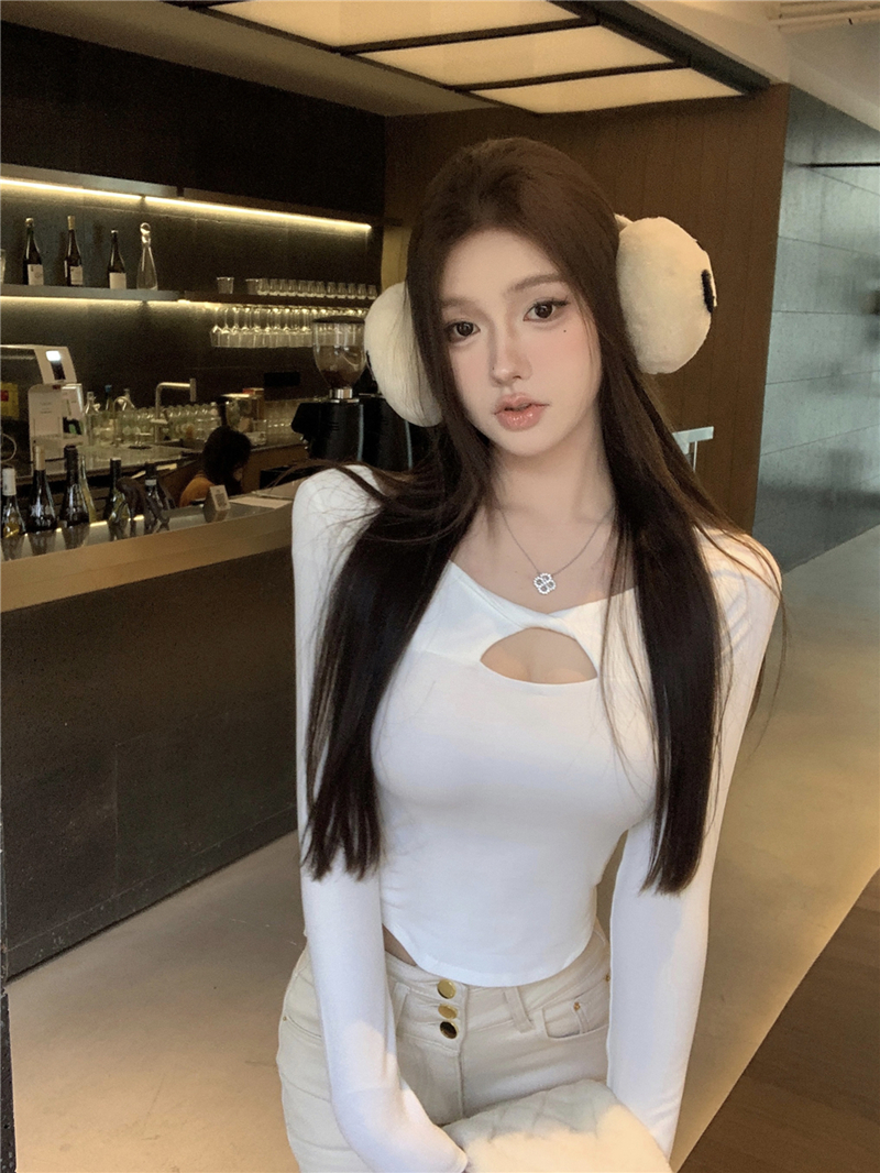 實拍復古性感小心機鏤空百搭修身顯瘦長袖T恤上衣女
