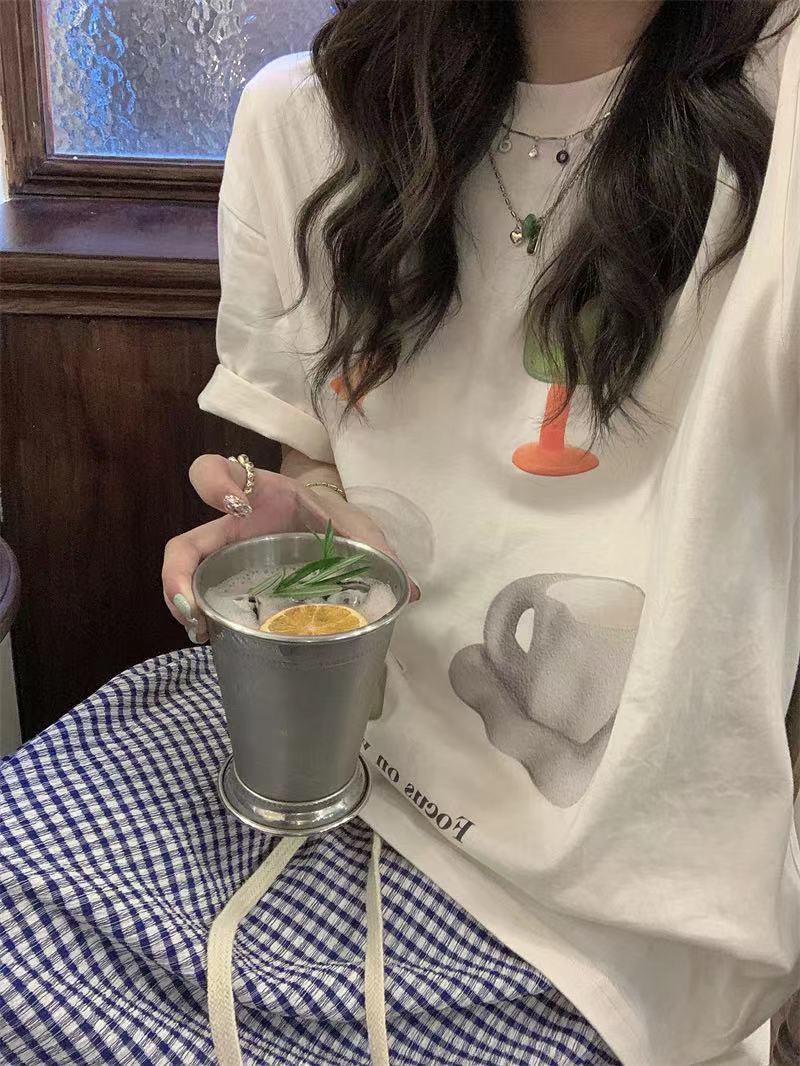 實拍#ins風小眾設計感印花休閒圓領短袖T恤女+格子抽繩半身裙