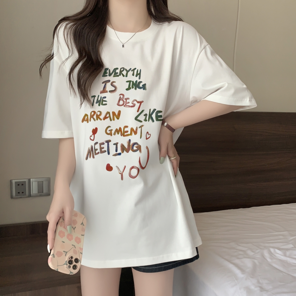 實拍 100%棉精梳純棉 印花夏裝短袖T恤女寬鬆韓版