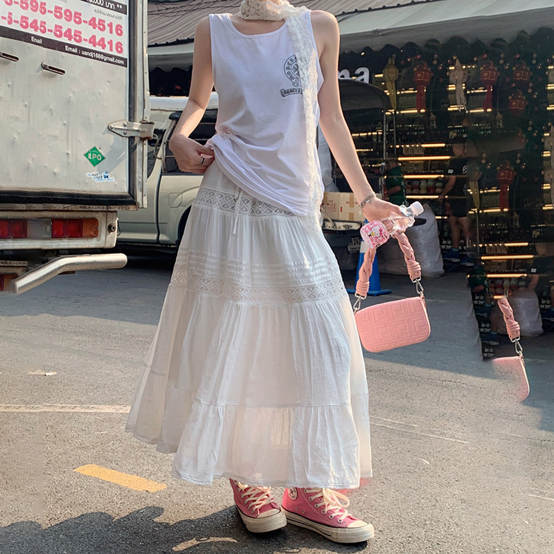 實拍復古高腰甜美a字裙蛋糕裙百搭垂感休閒長裙