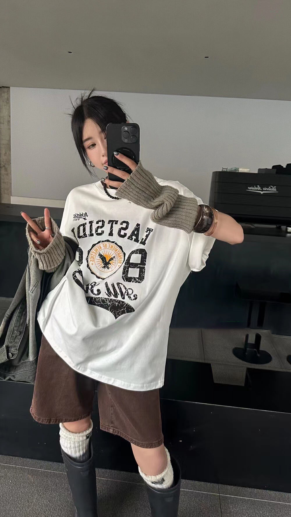 2024早春新款美式復古字母龜裂印花寬鬆圓領短袖T恤女