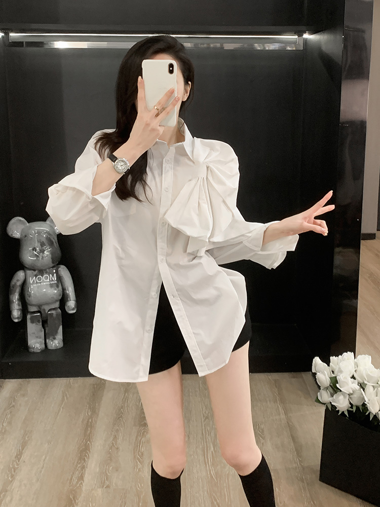 2024春新款女裝高級感炸街獨特超好看polo領荷葉邊長袖襯衫上衣