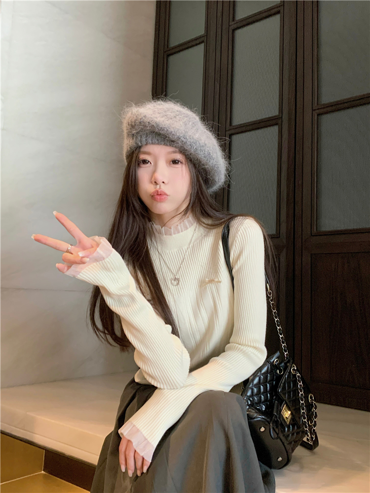 設計感蕾絲花邊拼接坑條針織衫女冬季修身別致打底衫套頭灰色上衣