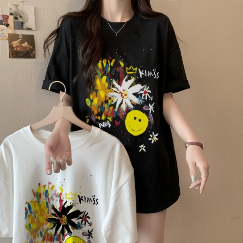 Real shot 100% cotton combed cotton printed summer short-sleeved T-shirt women's loose Korean style