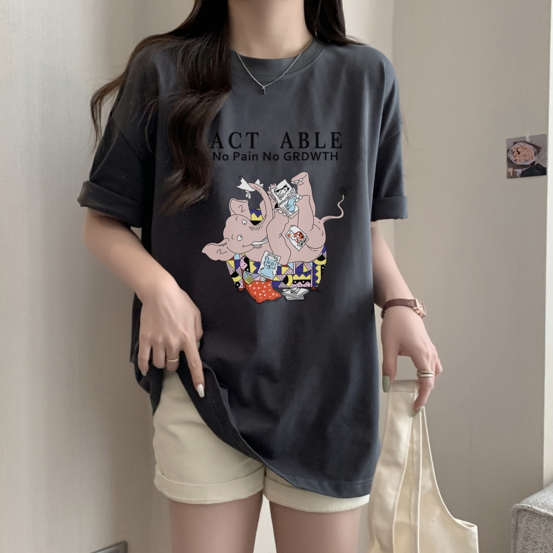 實拍 100%棉精梳純棉 印花夏裝短袖T恤女寬鬆韓版