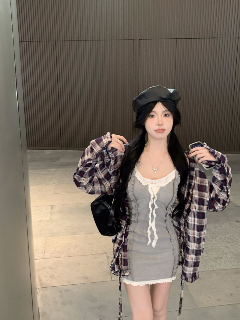 實拍 法式拼接蕾絲修身顯瘦吊帶連衣裙棉麻格紋輕薄透氣襯衫