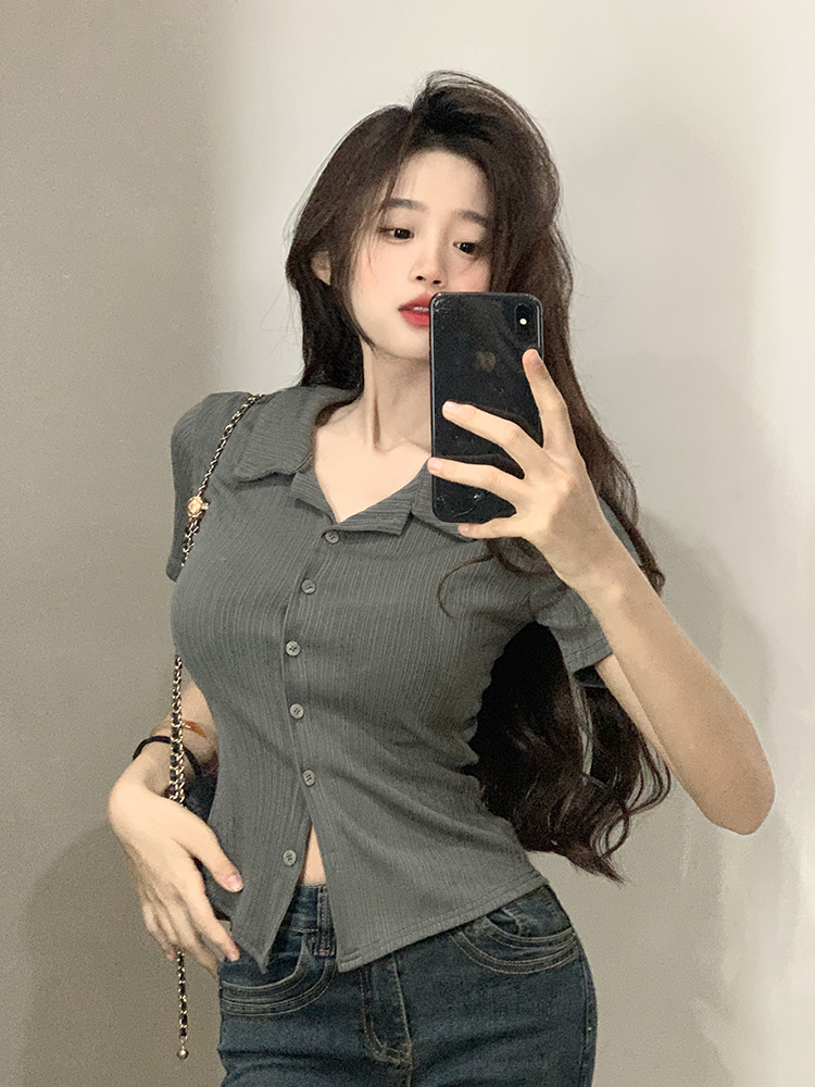 實拍～polo領t恤女設計感小眾質感修身短袖純欲風上衣