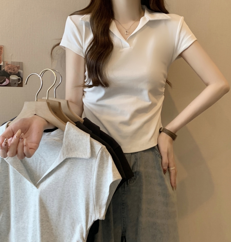 實拍  40支純棉 2024夏裝polo領收腰設計感小短袖T恤女