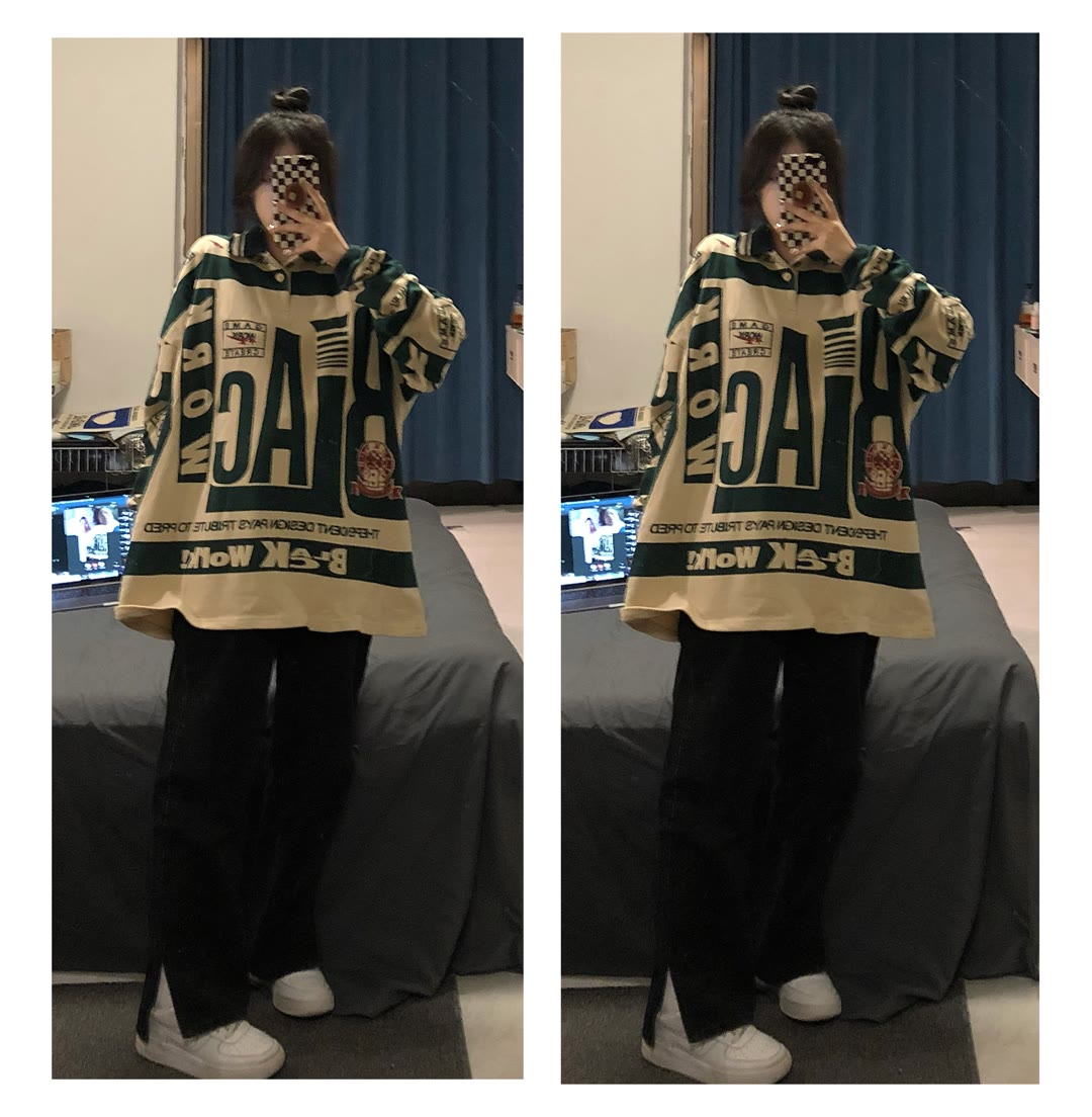 美式高街polo領衛衣女春秋年新款小眾復古hiphop長袖上衣外套