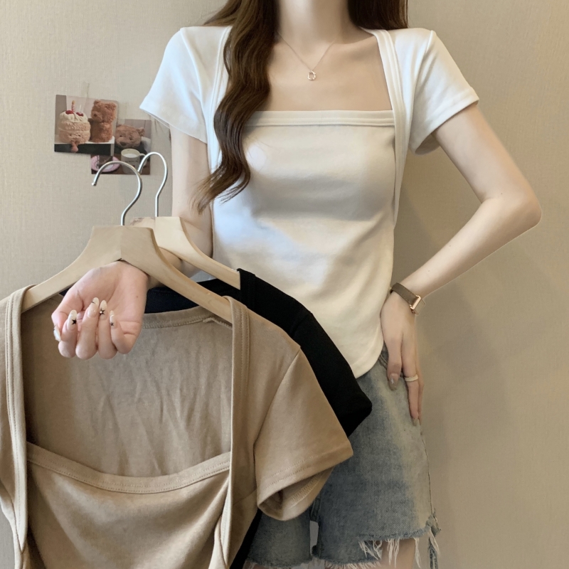 實拍  40支純棉 2024夏裝設計感小眾純色短袖T恤女ins潮