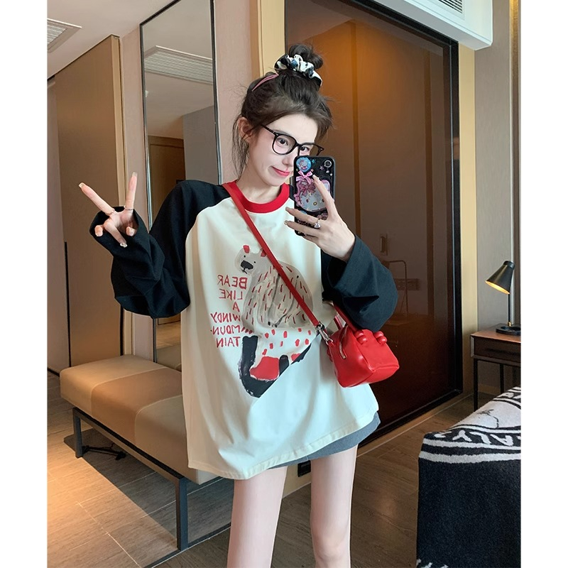 插肩長袖t恤女春秋季設計感小眾寬鬆內搭打底衫顯瘦正肩體恤上衣