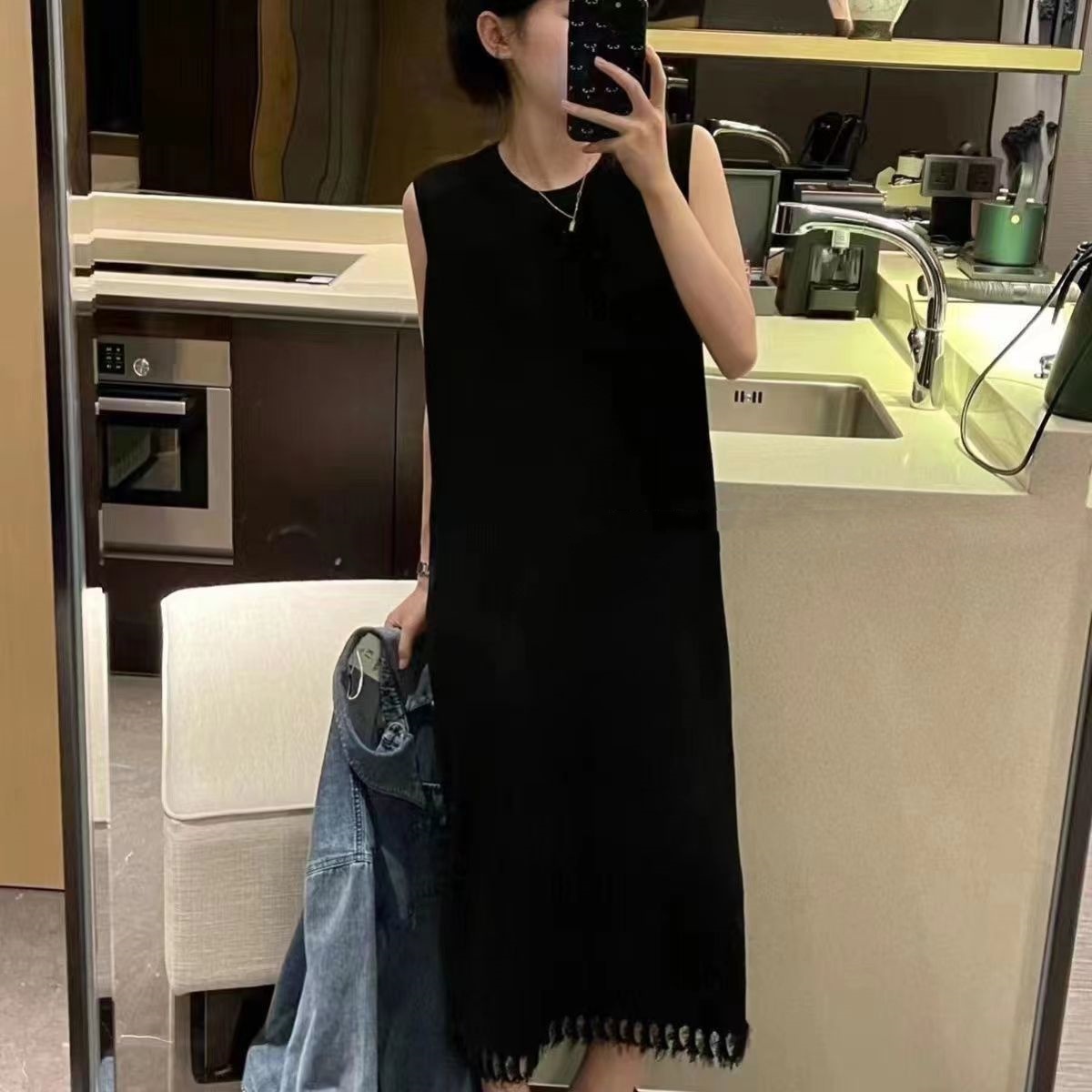 春夏新款撞色條紋無袖/短袖針織背心裙女韓版顯瘦流蘇連衣長裙