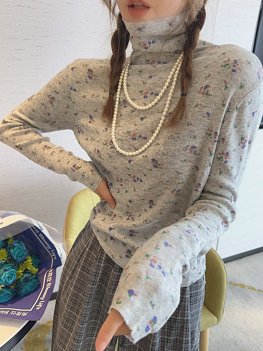 高領套頭小碎花針織衫長袖上衣女冬季復古修身打底衫保暖內搭毛衣
