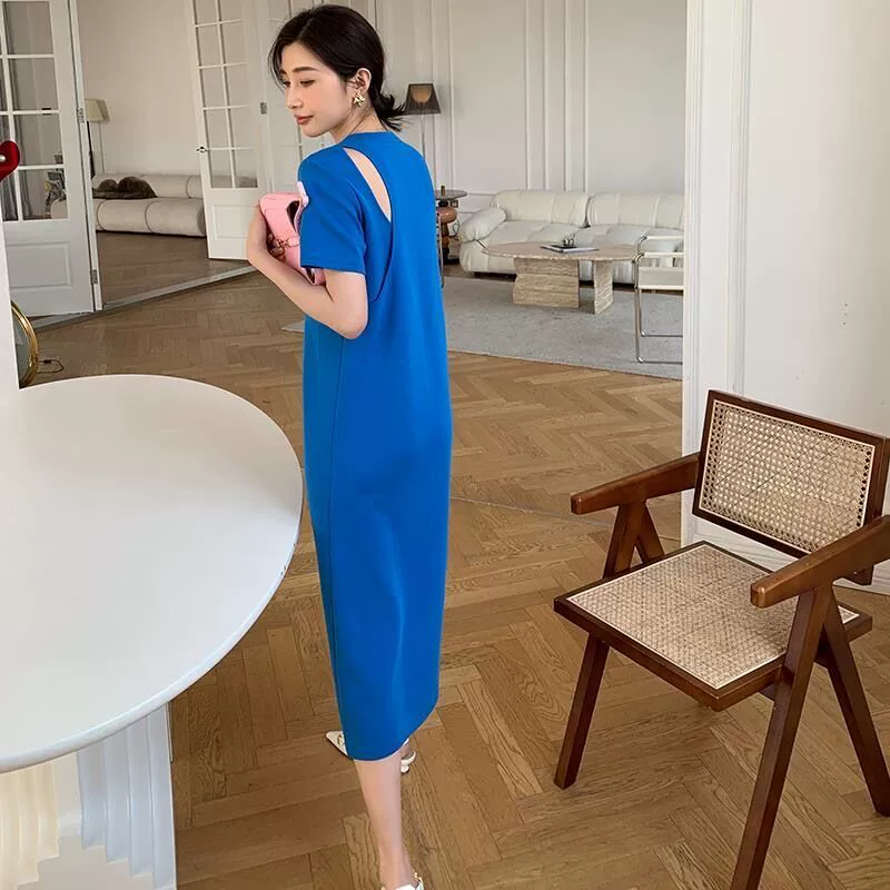 韓版大碼寬鬆過膝長款短袖T恤裙小心機露背設計感連衣裙女