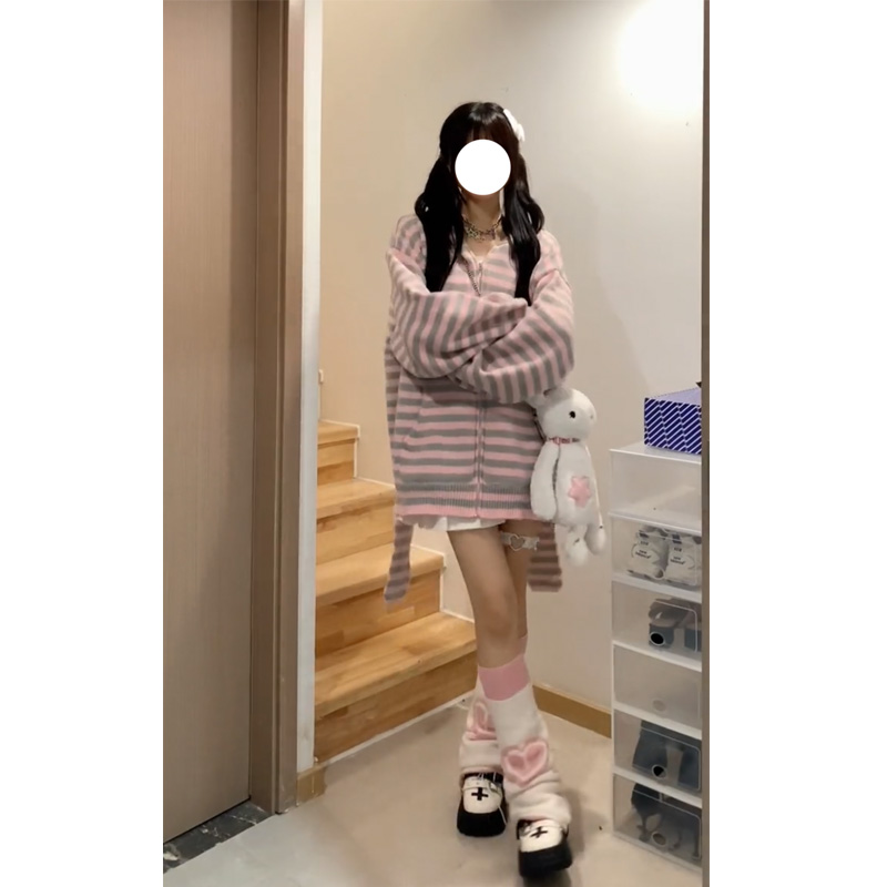 條紋兔子耳朵連帽針織外套女春秋薄款毛衣寬鬆開衫外套新款