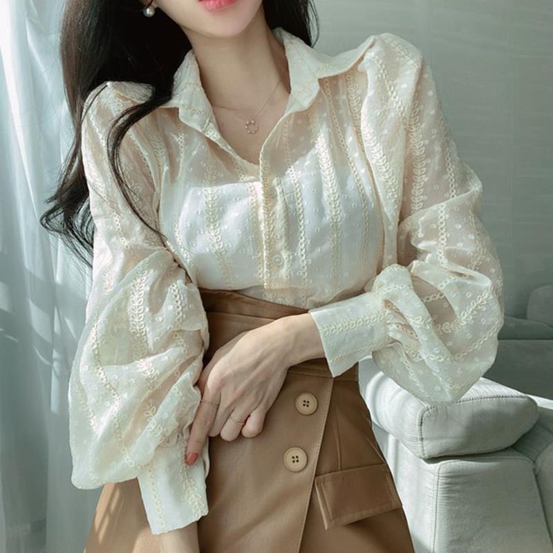 韓國chic春季優雅氣質翻領重工立體鈎花寬鬆微透泡泡袖襯衫上衣女