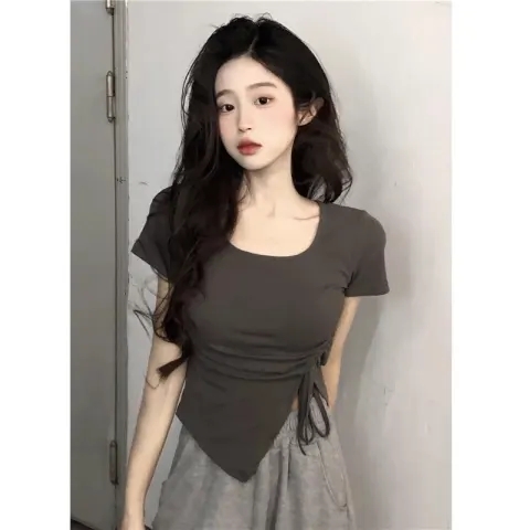 92棉/8氨綸夏季T恤女設計感小眾方領純色修身抽繩不規則短袖上衣