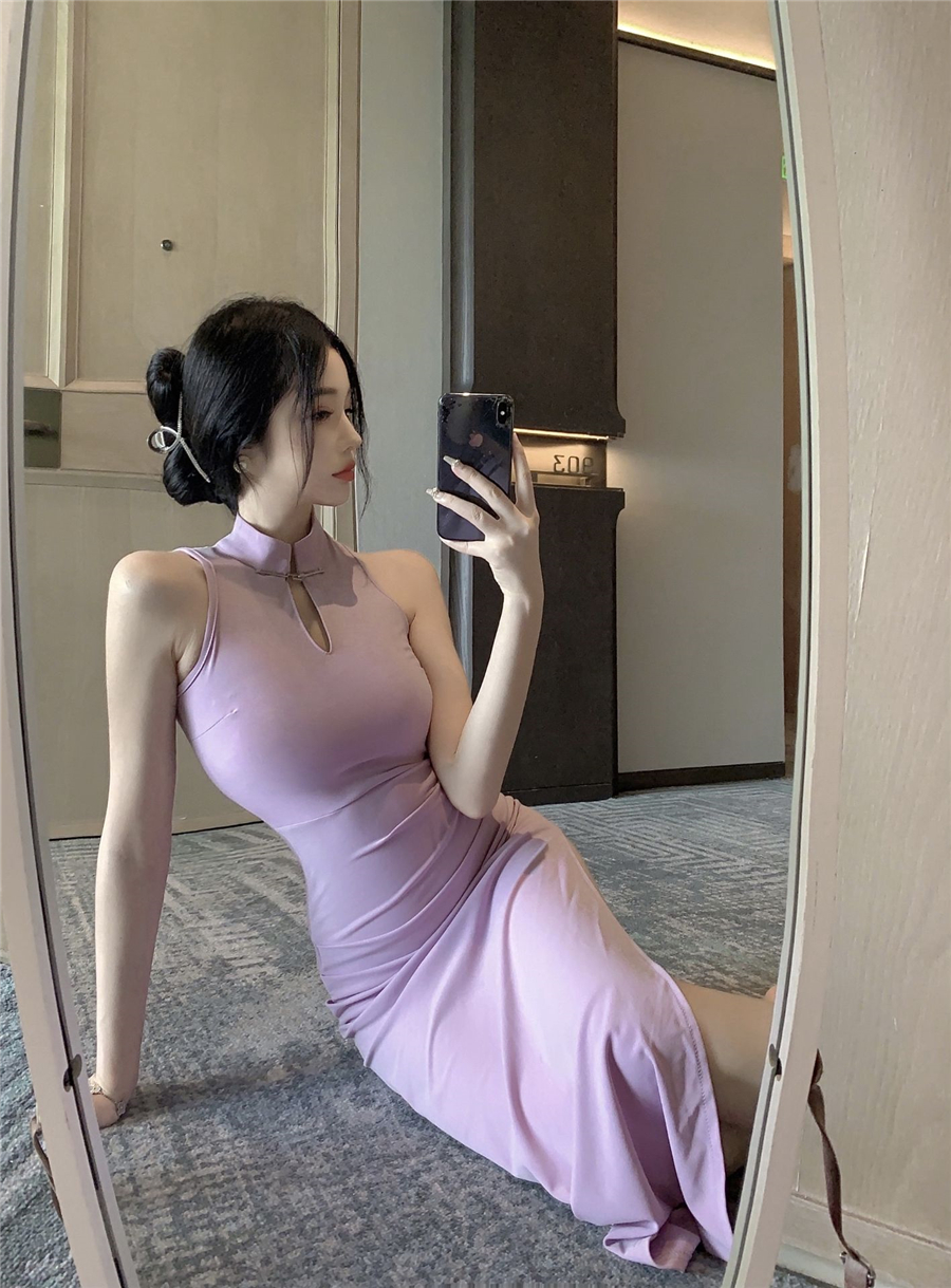 實拍性感國風新中式改良旗袍連衣裙包臀開叉修身顯瘦黑色晚禮服裙