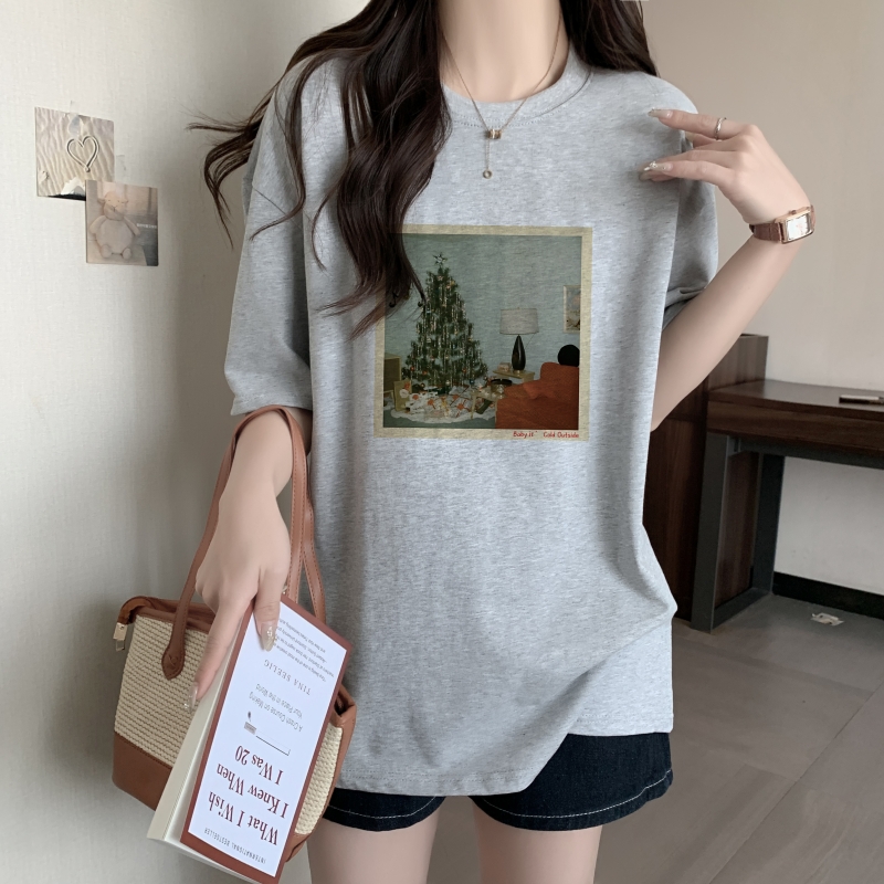 實拍 100%棉精梳純棉 印花夏裝短袖T恤女寬鬆韓版