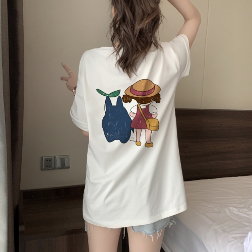 Real shot 100% cotton combed cotton printed summer short-sleeved T-shirt women's loose Korean style