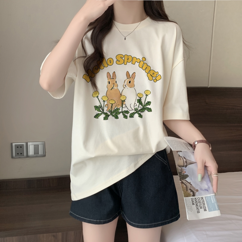 實拍 100%棉精梳純棉 印花夏裝短袖T恤女寬鬆韓版