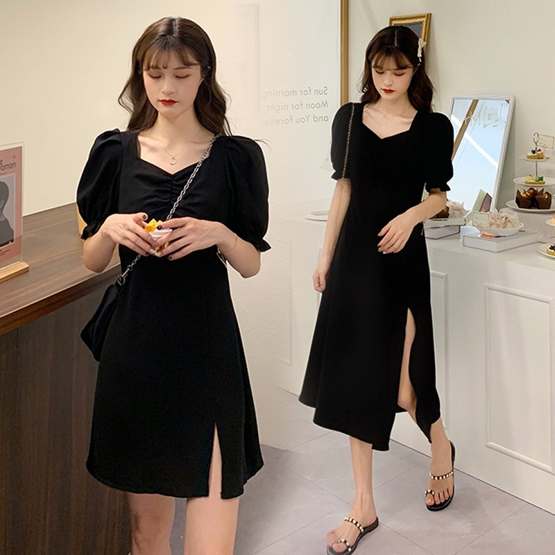 大碼胖妹妹顯瘦連衣裙新款夏氣質收腰開叉法式仙女裙黑色