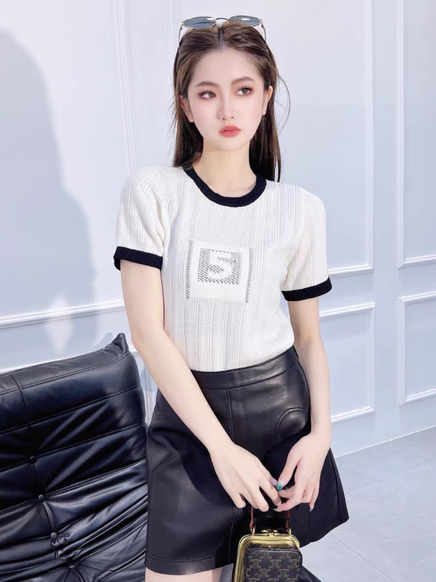 數字鏤空撞色針織衫短袖t恤女2024春裝新款時尚洋氣圓領短款上衣