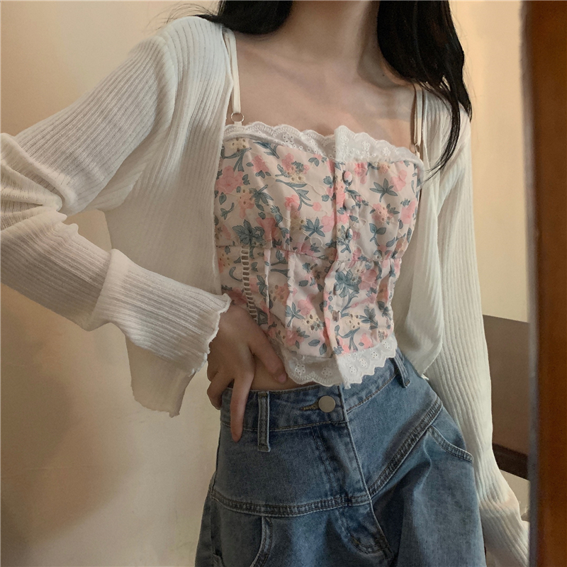 Real shot of summer flower camisole for women with French tube top base + long-sleeved sunscreen knitted cardigan