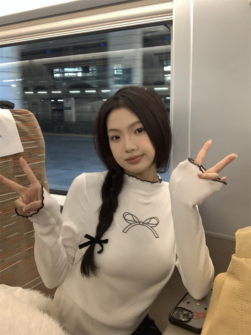實拍~ 韓系甜美蝴蝶結刺繡半高領長袖上衣t恤