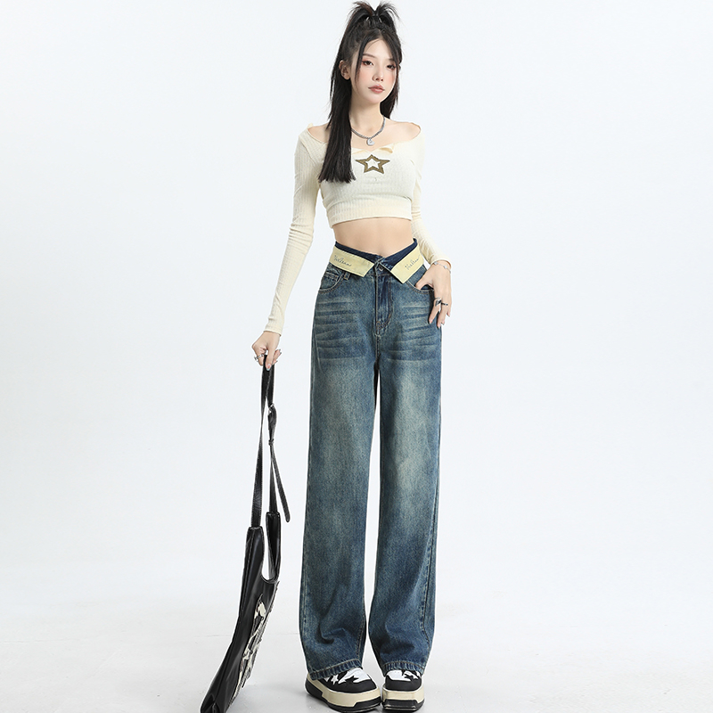實拍2024早春辣妹翻邊腰頭設計直筒牛仔褲子女顯瘦闊腿拖地褲
