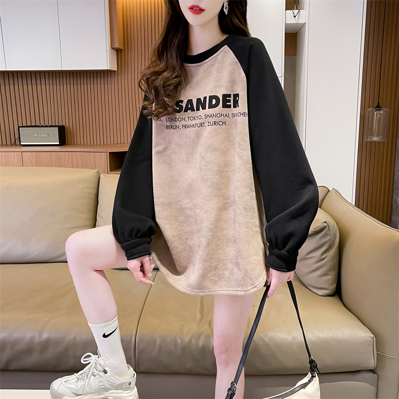 實拍 2024春季280克寬鬆雙面德絨圓領印花開叉長袖打底衫T恤女