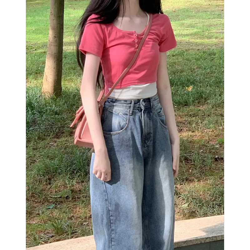 小個子穿搭甜辣上衣女設計感小眾短款短袖t恤夏季辣妹bm風假兩件
