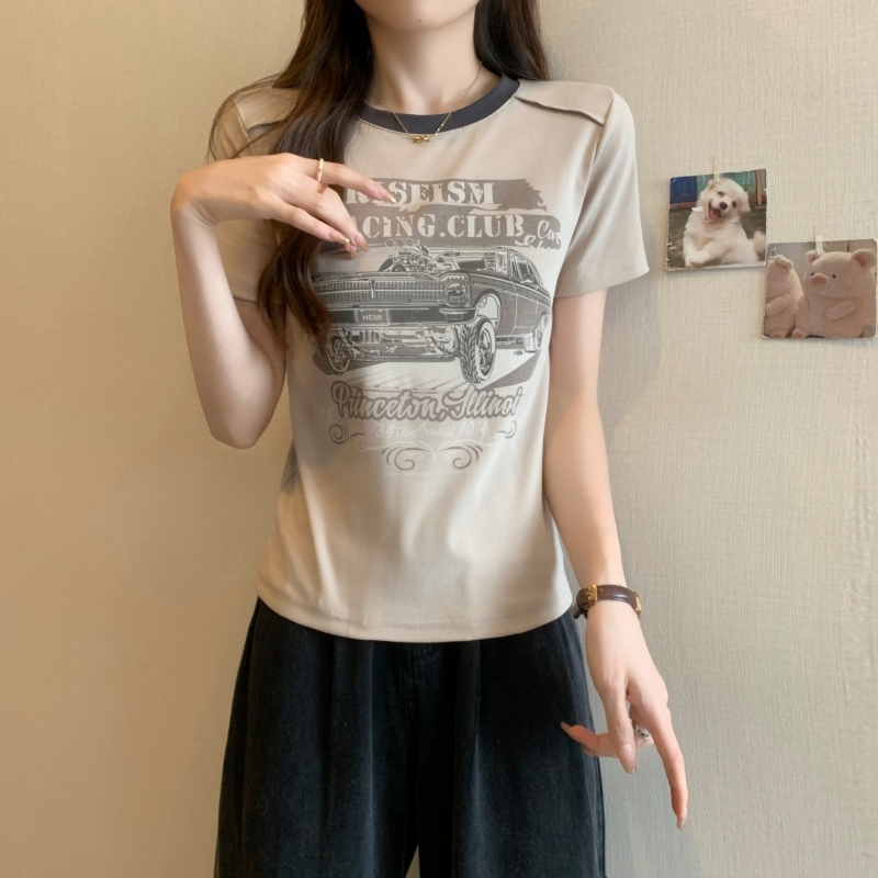 實拍 40支純棉 2024夏裝美式復古印花短袖T恤女洋氣圓領上衣