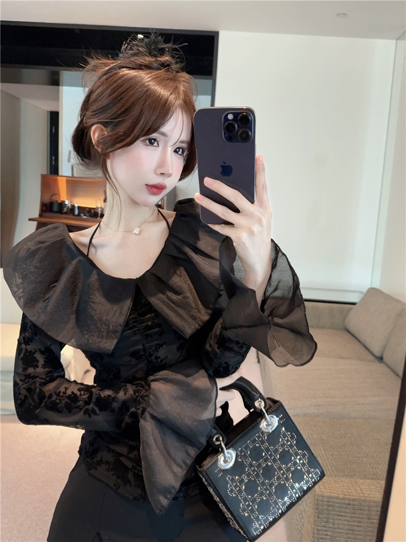 實拍~法式名媛風荷葉邊V領喇叭袖網紗拼接襯衫女微透性感上衣