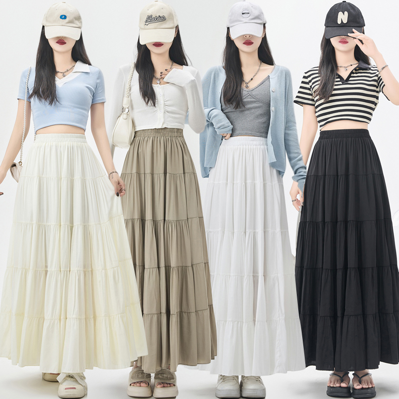 Actual shot of gentle temperament cake skirt for women 2024 spring and summer high-waisted slim versatile large swing umbrella skirt A-line long skirt