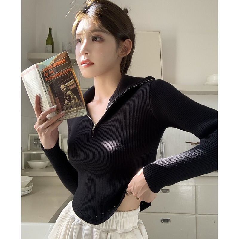 小個子秋冬拉鏈半高領毛衣女新款不規則修身內搭獨特别致上衣外套