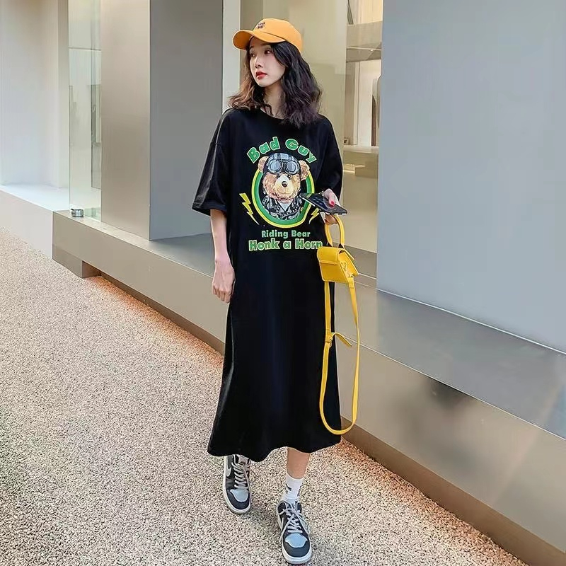 韓版寬鬆港風日系印花短袖中長款開叉T恤裙子