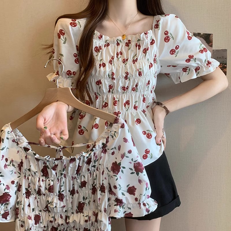 Plus size women's fashionable summer new style fat girl versatile quality age-reducing top pleated puff sleeves square collar chiffon shirt