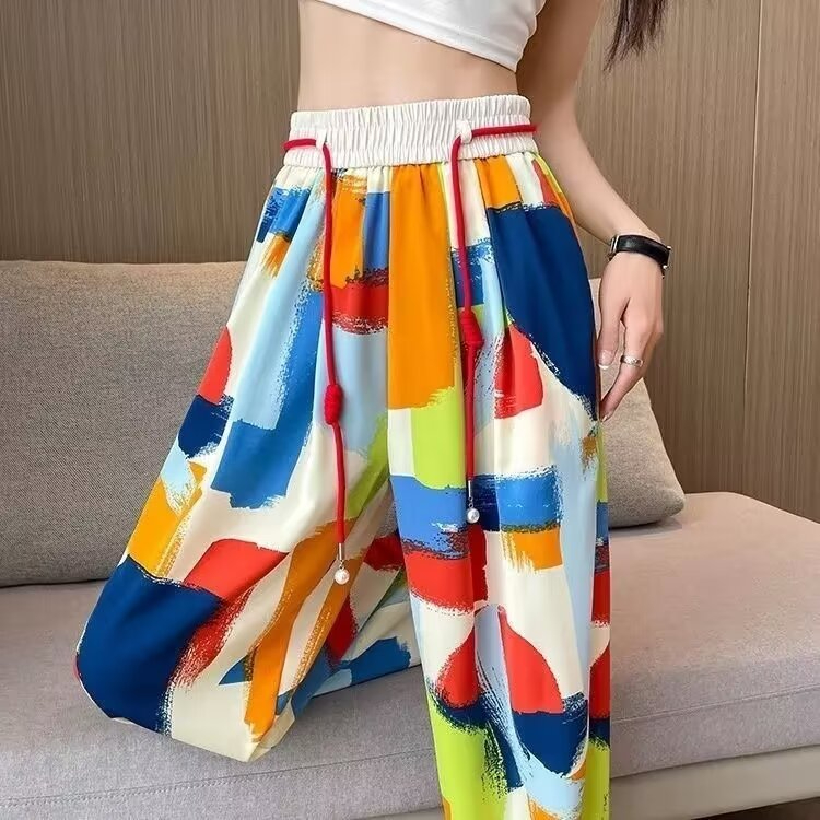 冰絲夏季冰涼女褲子2024新款垂感直筒高腰褲寬鬆拖地褲
