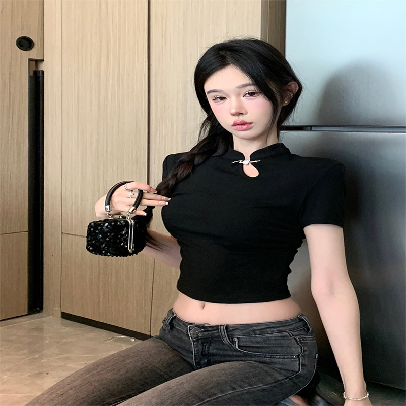 新中式國風改良旗袍短袖T恤女2024夏季新款法式復古短款修身上衣