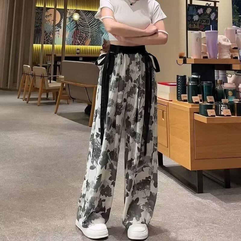 新中式水墨清風竹子飄帶闊腿褲女夏季薄款冰絲涼褲垂感闊腿拖地褲