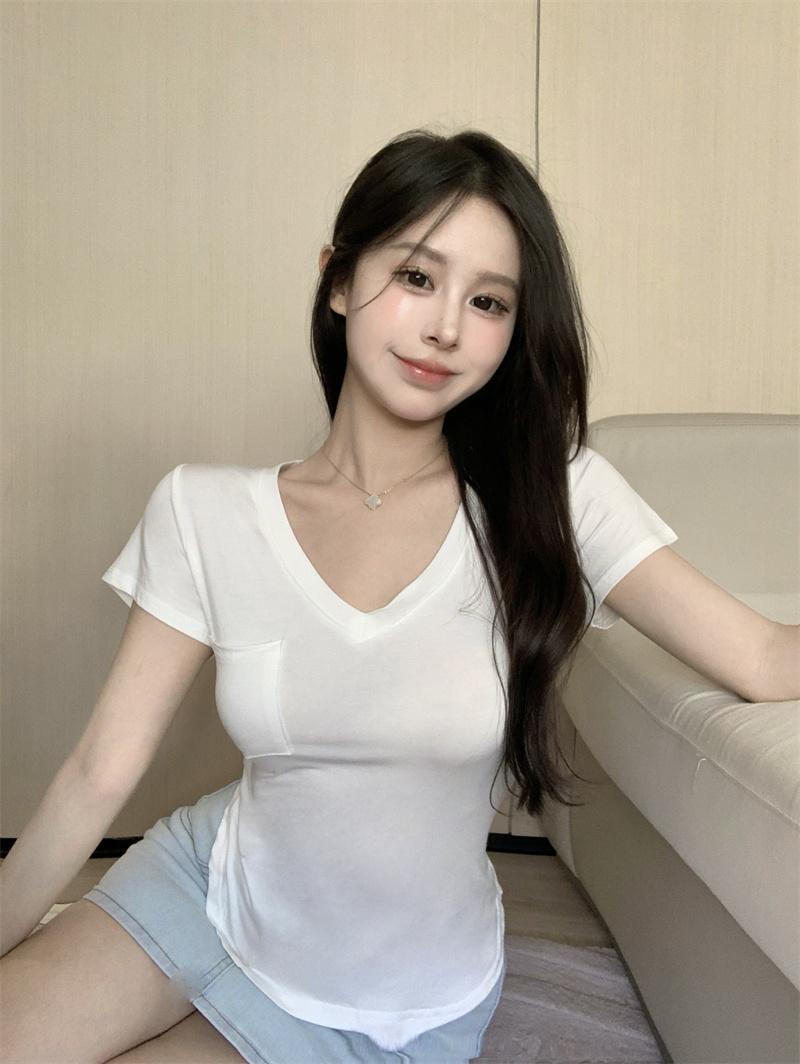 Real shot of new hot girl pure desire v-neck slim short sleeves
