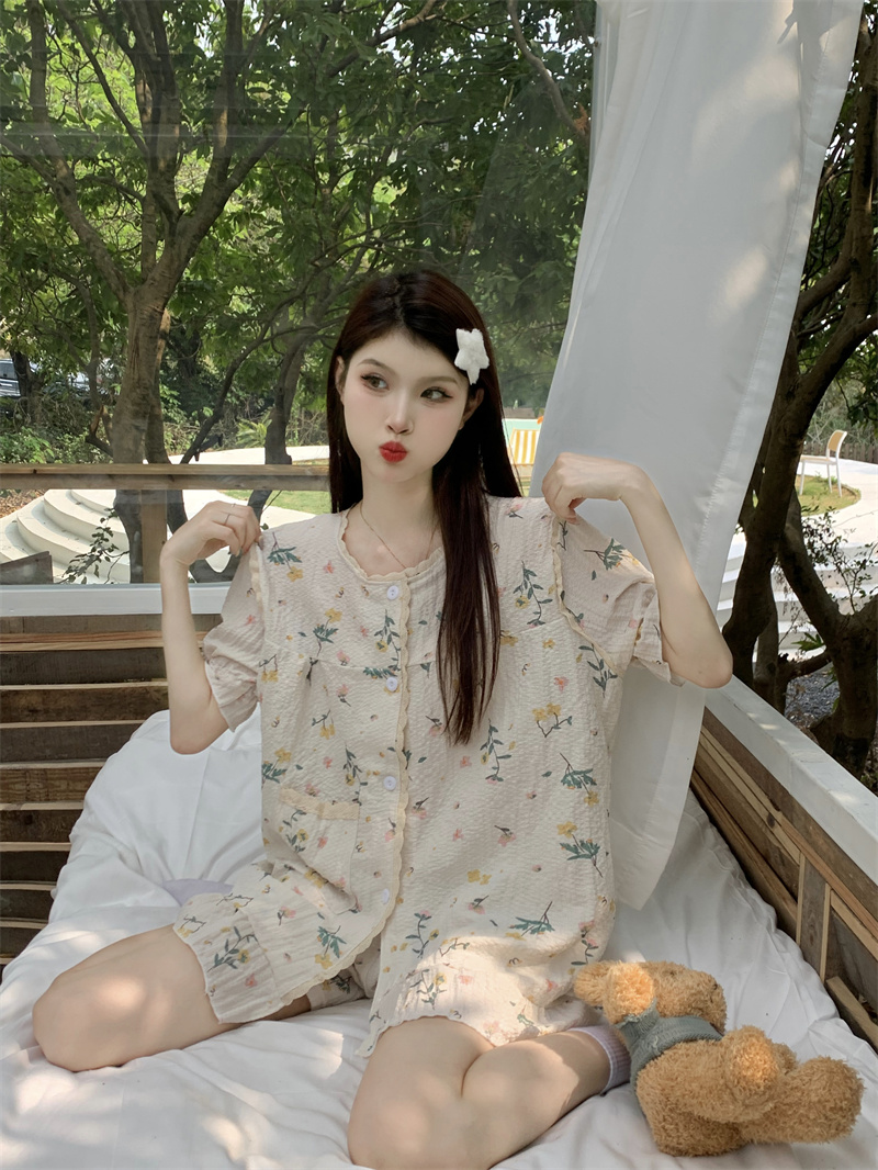 實拍夏季碎花蕾絲拼接短袖短褲兩件套甜美睡衣家居服套裝