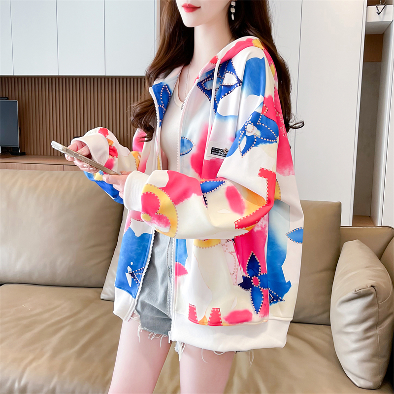 Real shot 2024 spring new Korean style 320g Chinese cotton hooded zipper cardigan simple thin jacket for women