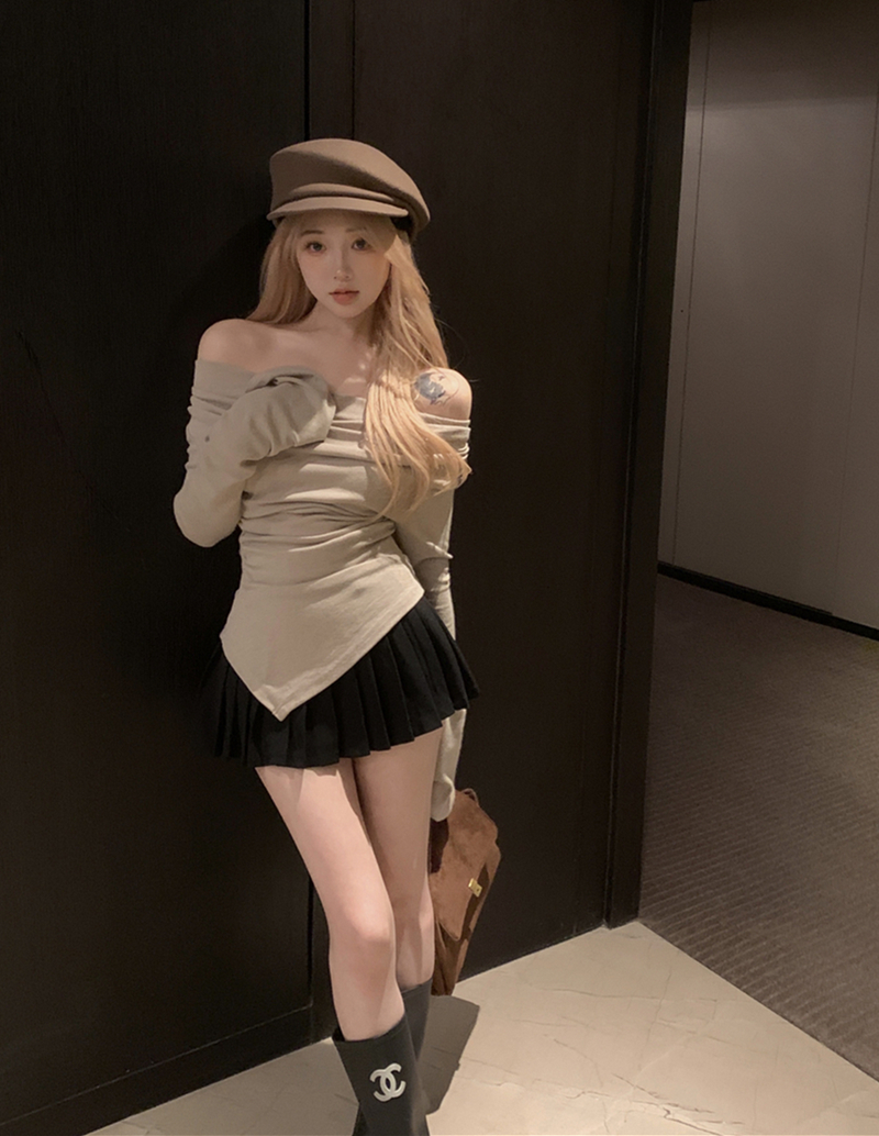 實拍復古性感喇叭袖長袖一字肩顯瘦T恤不規則打底上衣女