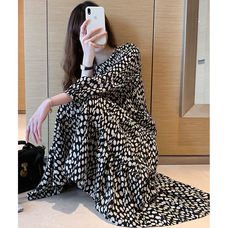 雪紡波點連衣裙女2024春裝新款寬鬆顯瘦法式復古娃娃裙打底裙子潮
