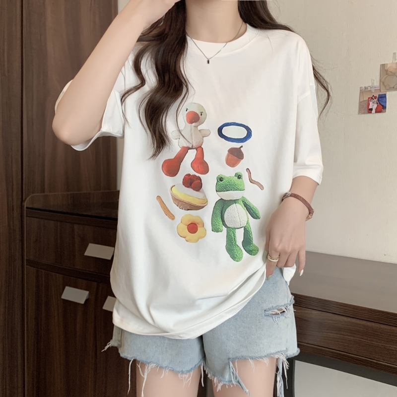 實拍 100%棉精梳純棉 印花夏裝短袖T恤女寬鬆韓版
