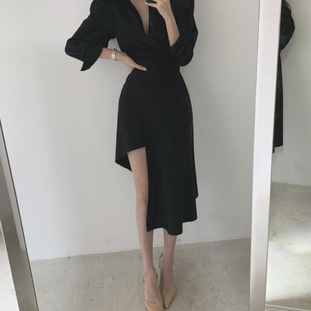 設計感小眾法式茶歇不規則襯衫連衣裙女春秋氣質遮肚收腰顯瘦裙子