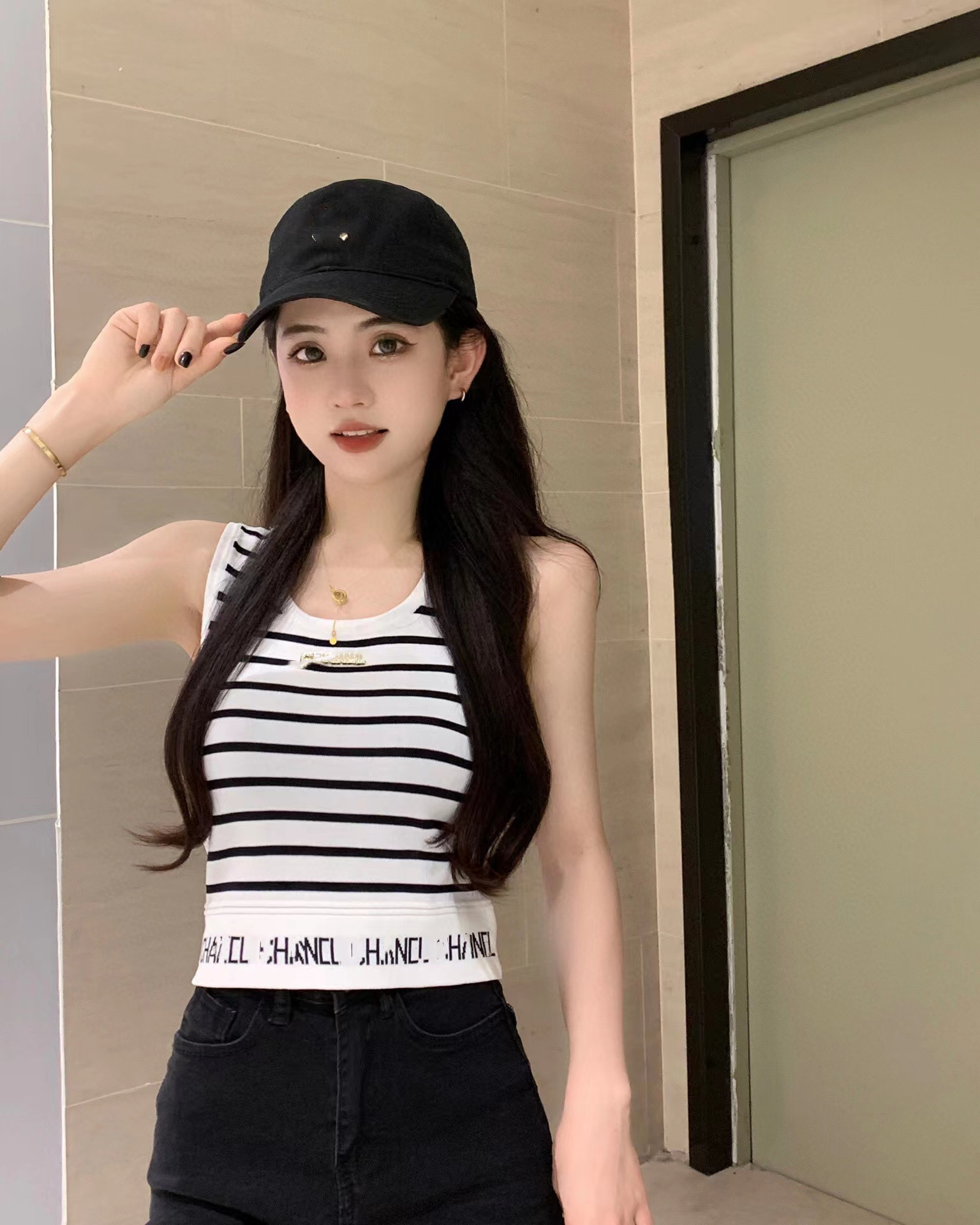 條紋打底背心女春季洋氣高腰百搭短款字母針織吊帶內搭上衣潮